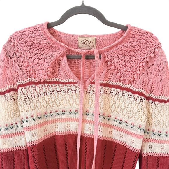 Vintage Ricki Knit Pointelle Tulip Cottagecore Coquette Pink Sweater Sz Medium - Picture 2 of 10